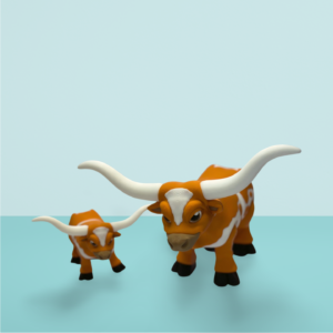 Cute articulated 3D printed Texas longhorn bull toy figure in burnt orange and white with big curved white horns